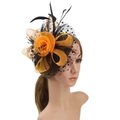 Serre-tête fascinator orange et noir avec voile en résille à pois et plumes élégantes - Jaune Orangé & Noir