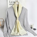 Beige faux silk skinny scarf tied elegantly over a grey knit sweater for decoration - Off-white