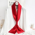 Detail of red satin skinny scarf styled on white shirt with elegant fashion accessories - Wine Red