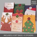 Set of 6 assorted Christmas paper gift bags with holiday illustrations and round stickers - Moe Christmas Style (ZD037) / Set of 6
