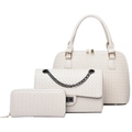 Elegante set de 3 bolsos trenzados en color beige crema con bolso de mano, cadena y cartera - Blanco Roto