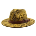 Classic yellow snakeskin fedora hat with wide brim and brown leather belt buckle strap - M (56-58cm) / Yellow Snakeskin
