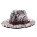 Detailed view of the snakeskin patterned fedora with a brown leather belt and silver buckle - M (56-58cm) / White Snakeskin