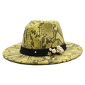 British style yellow snake skin wool fedora hat with black pearl band and flat brim - M (56-58cm) / Green