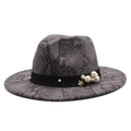 Detail of grey snakeskin wool fedora with black ribbon, white pearls and gold ornament - M (56-58cm) / Gray