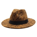 Detail of snake print texture on fedora hat with wide black decorative ribbon trim - M (56-58cm) / Brown