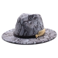 Chapeau Fedora élégant à motif serpent gris et ruban noir avec détail plume dorée - Bleu