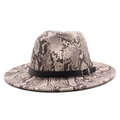 Detail of the black leather belt and silver buckle on a snakeskin patterned fedora hat - M (56-58cm) / Beige