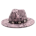 Pink snake skin wool felt fedora hat with black leather belt and silver metal rivets - Pink