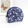 Navy blue floral canvas coin purse in semicircular shape with silver metal keyring - Deep Blue Wild Chrysanthemum