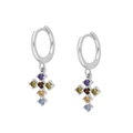 Close-up of S925 silver hoop earrings with multicolored gemstone cross pendants - Silver Base Colorful Zircon