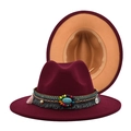 Detail of burgundy wool fedora with turquoise bead band and beige interior lining - M(56-58cm) / Wine Red External Khaki Internal