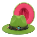 Detail of neon green wide brim fedora with pink lining and turquoise beaded band decoration - M(56-58cm) / Fruit Green External Pink Internal