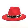 Detailed view of red wide brim fedora hat featuring black band with elegant white pearls - M (56-58cm) / Red