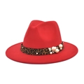 Detail of red fedora hat featuring leopard print band and white pearl flower accents - M (56-58cm) / Red