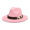 Detail of pink fedora featuring leopard print band with white pearls and floral accents - M (56-58cm) / Pink