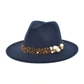Detail of navy blue wool Fedora hat featuring leopard print band with pearls and floral accents - M (56-58cm) / Navy Blue