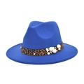 Detail of royal blue wool fedora hat with leopard print ribbon and pearl embellishments - M (56-58cm) / Sapphire Blue