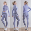 Women's lavender yoga set with long sleeve zipper top and high waist leggings - XS / Blue