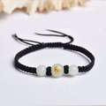 Handmade black braided rope bracelet with white bead featuring golden rooster pattern - Black Rope [Rooster]