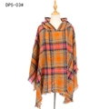 Women plaid hooded cape shawl with orange and navy checkered pattern and tassels - Orange
