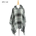 Women's plaid hooded poncho with green and white check pattern and fringe hem - New Black & White