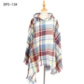Plaid hooded poncho cape with fringe tassels in red and blue check pattern - Off-White Grey