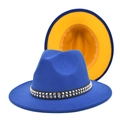 Two-tone wool fedora hat in royal blue and yellow with silver studded black band - M (56-58cm) / Royal Blue + Yellow