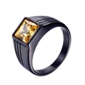 Minimalist black titanium ring for men with a square yellow gemstone inlay and side grooves - Black With Yellow Zirconia