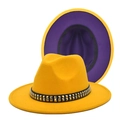 Yellow fedora hat with double silver stud band and contrast purple lining detail - M (56-58cm) / Yellow + Purple