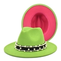 Neon green fedora hat with pearl-embellished band and pink lining for men and women - M (56-58cm) / Fruit Green + Rose Red