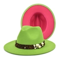 Cappello Fedora verde neon con fascia leopardata e perle con una fodera rosa acceso - M (56-58cm) / Verde Frutta + Rosso Rosa