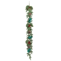 Peacock green Christmas garland with pine needles, cones, and red berries on white background - Peacock Green Series - Garland