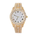 Gold quartz watch for women with full crystal inlay, Roman numerals, and date window display - Gold