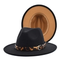 Detail of wool fedora featuring leopard print band and contrast camel brim underside - M(56-58cm) / Black & Camel