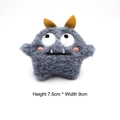 Detail showing grey plush monster brooch dimensions of 7.5cm height and 9cm width - Blue Double Eyes (Original Shell)