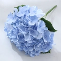 Pale blue artificial silk hydrangea bouquet with realistic green leaves and stems - Golden Blue