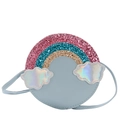 Blue glitter rainbow crossbody bag for girls with holographic cloud appliques - Blue