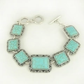 Bohemian armband met turquoise stenen in gegraveerd zilveren frame en T-sluiting - B1166 Blauw Rechthoek T-sluiting