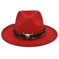 Close-up of red wool fedora hat featuring a silver bull head charm and ethnic band - M (56-58cm) / Red