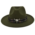 Close-up of olive green wool fedora with ethnic band and silver bull head ornament - M (56-58cm) / Army Green