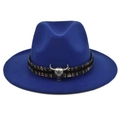 Detail of blue wool fedora featuring a colorful woven band and silver bull skull accent - M (56-58cm) / Blue