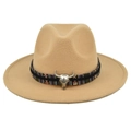 Beige wool Fedora hat with ethnic woven band and silver metal bull head ornament - M (56-58cm) / Khaki