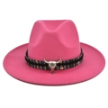 Detail of rose pink fedora hat with ethnic woven band and silver bull head pendant - M (56-58cm) / Rose Red