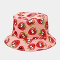 Detailed view of pink bucket hat featuring cartoon strawberry patterns and reinforced stitching - M (56-58cm) / Strawberry Pattern Pink