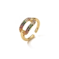 Adjustable gold plated open ring with double chain design and rainbow pave cubic zirconia - Adjustable Open / Multi-color Zirconia Chain Style (10452)