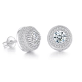 Macro shot of micro-pave cubic zirconia earrings with brilliant round cut stones - 10mm Round Halo / Platinum