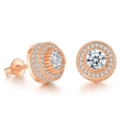 Macro detail of rose gold micro-paved zircon stud earrings with classic butterfly backings - 12mm Round Halo / Rose Gold