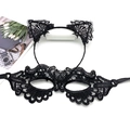 Vue détaillée du masque pour les yeux en dentelle noire et serre-tête oreilles de chat - Serre-tête + Masque à Ondulations