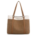 Retro canvas tote bag in khaki and beige color block design with brown leather handles - Brown